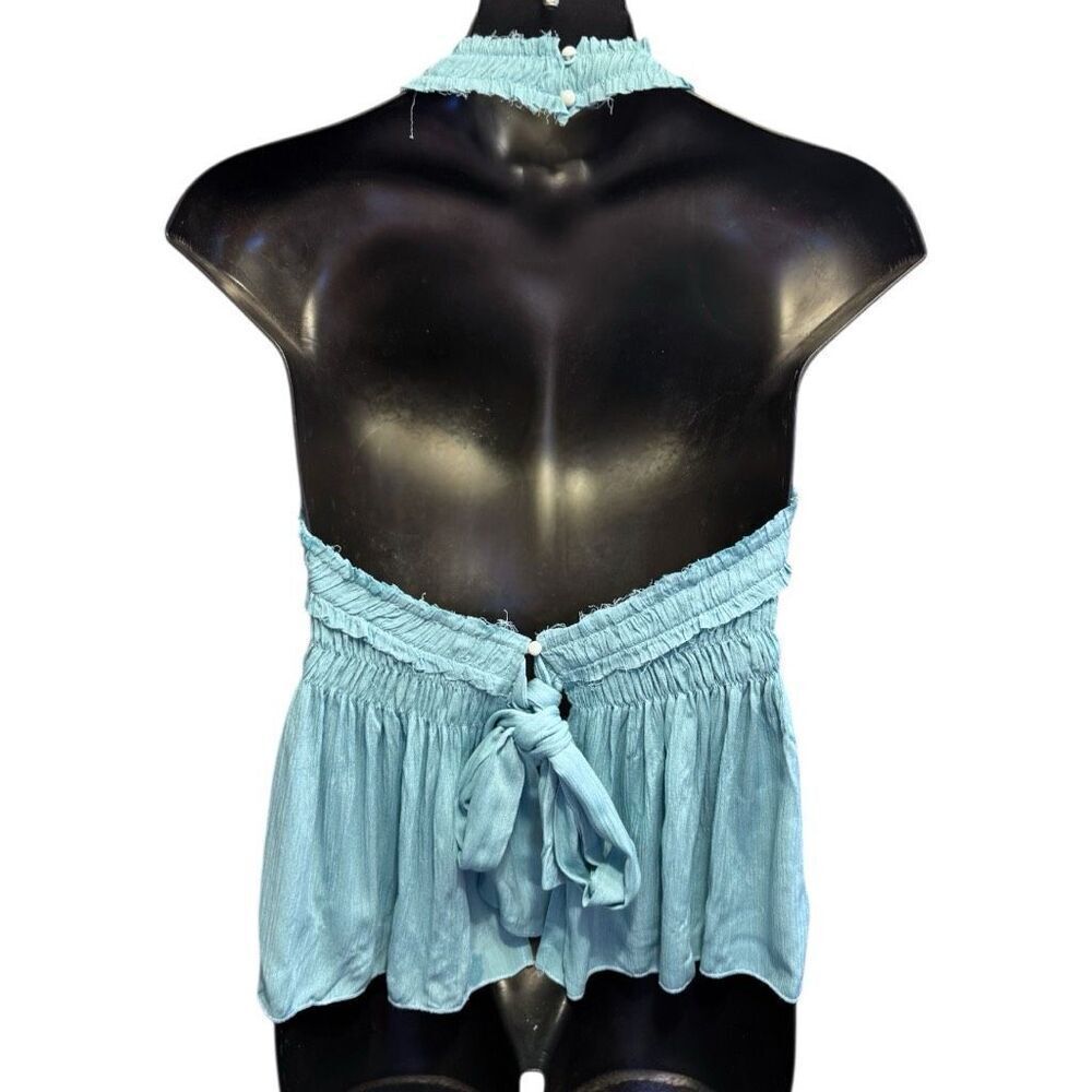 POL Blue Backless Halter Sleeveless Boho Top with Smocking Shirring Detail NEW - Picture 12 of 14